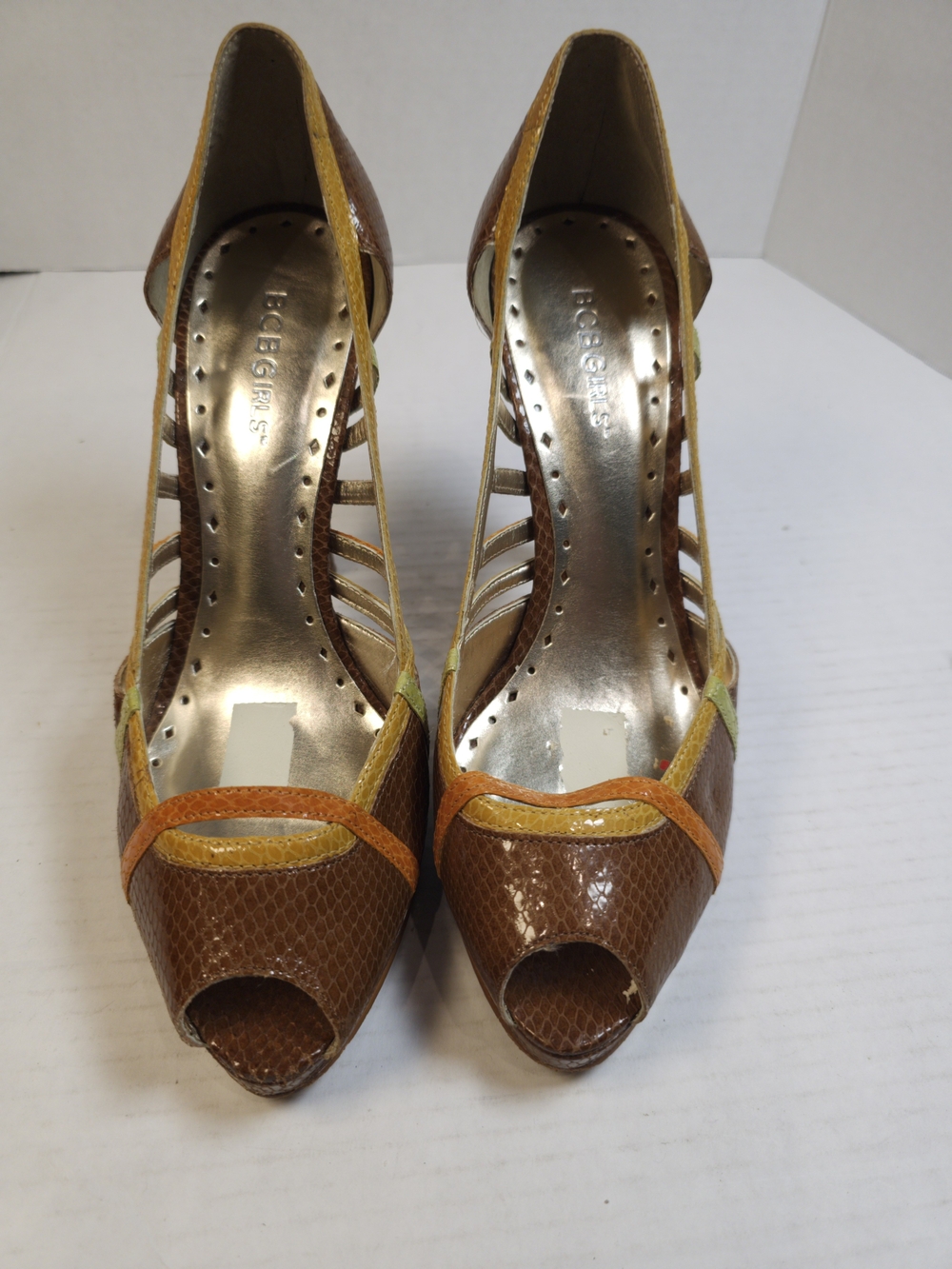 BCBGIRLS Animal Print Peep Toe Heels in Brown & Yellow